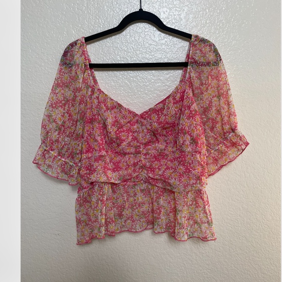 Coquette Floral Puff Sleeve Chic Girly Modern Party Work Summer Chic Blouse Top - Picture 2 of 6
